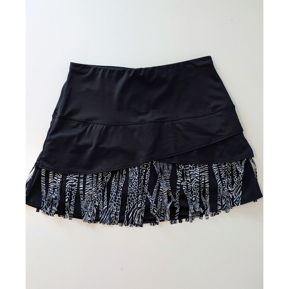 Lucky in Love Black Animal Print Fringe Tiered Tennis Skort Size Small